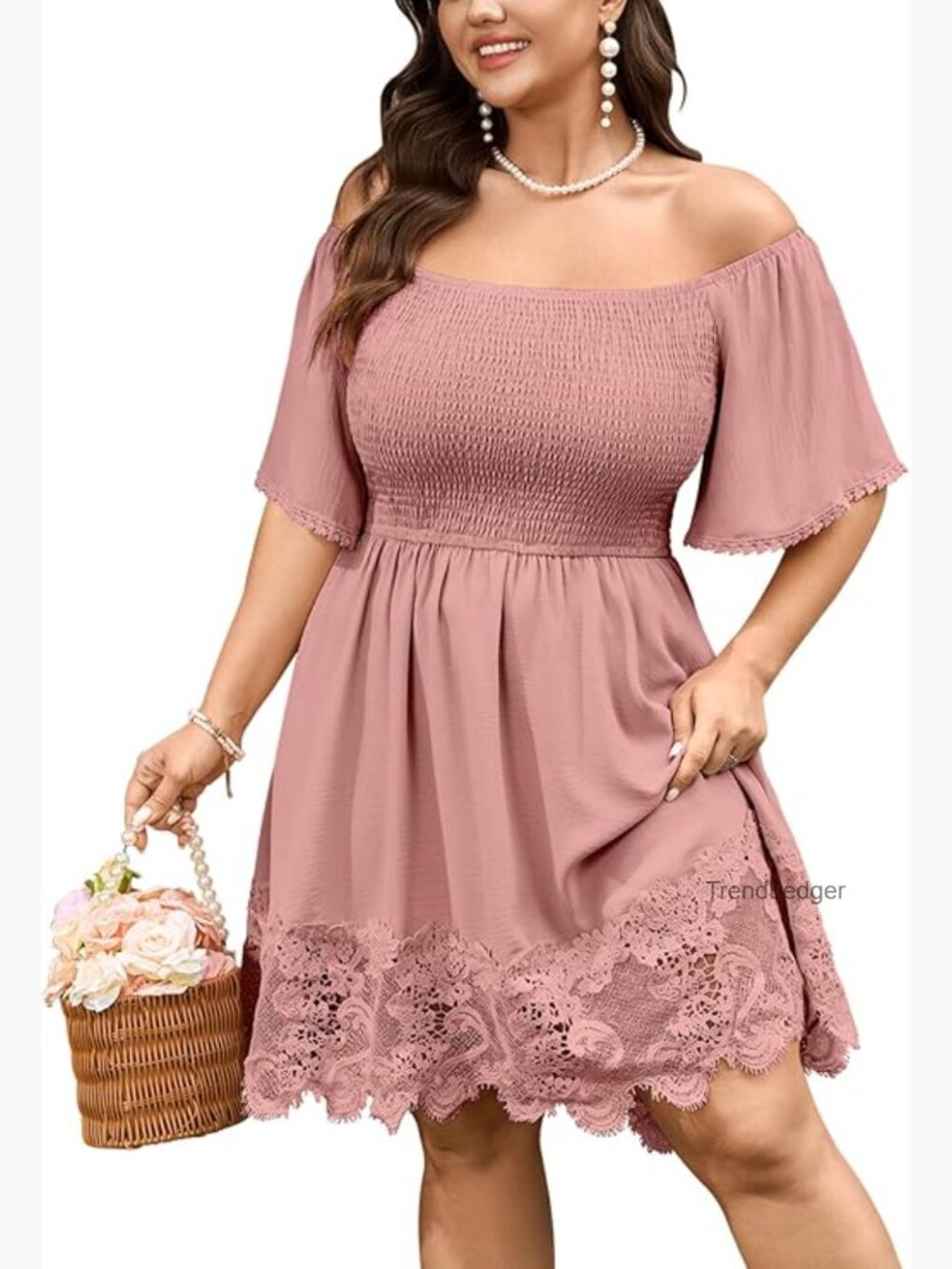 Plus Size Off Shoulder Mini Dress Lace Trim Smocked Boho Flowy Summer Dress